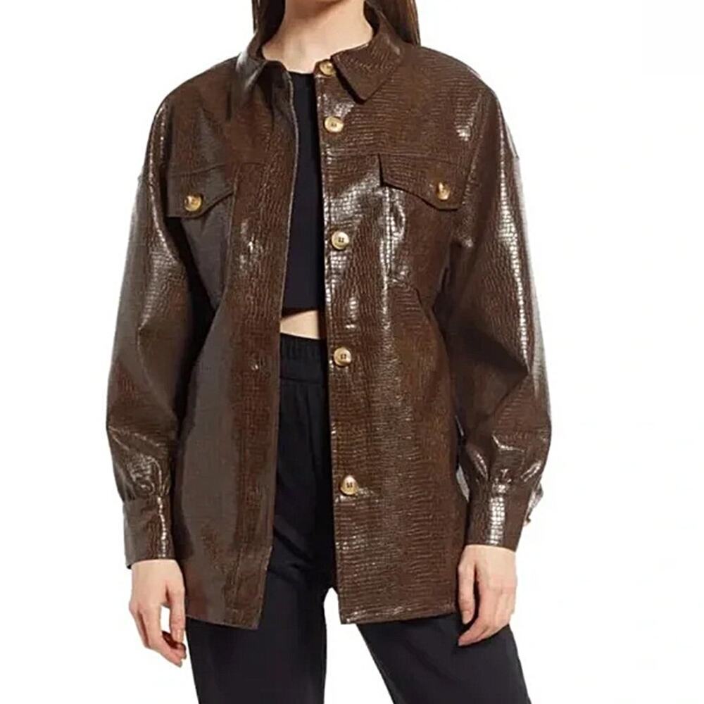 Open Edit Brown Croc Embossed Faux Leather Shirt Size XS